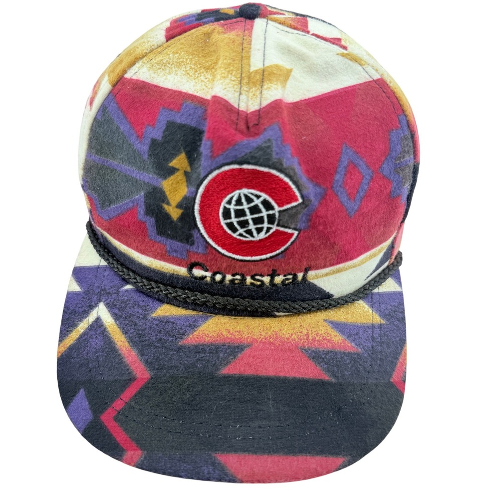 VTG Coastal Snapback Hat Aztec Southwestern Geometric Rope Brim Made in USA READ